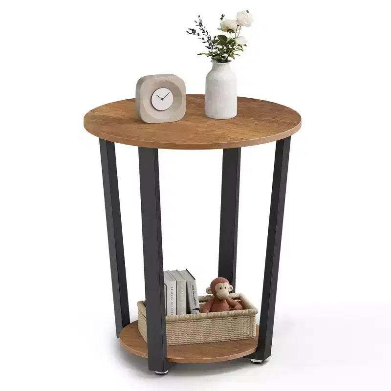 Round Side Table with Storage Shelf Industrial Steel Frame