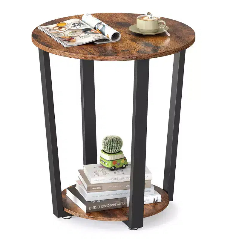 Round Side Table with Storage Shelf Industrial Steel Frame