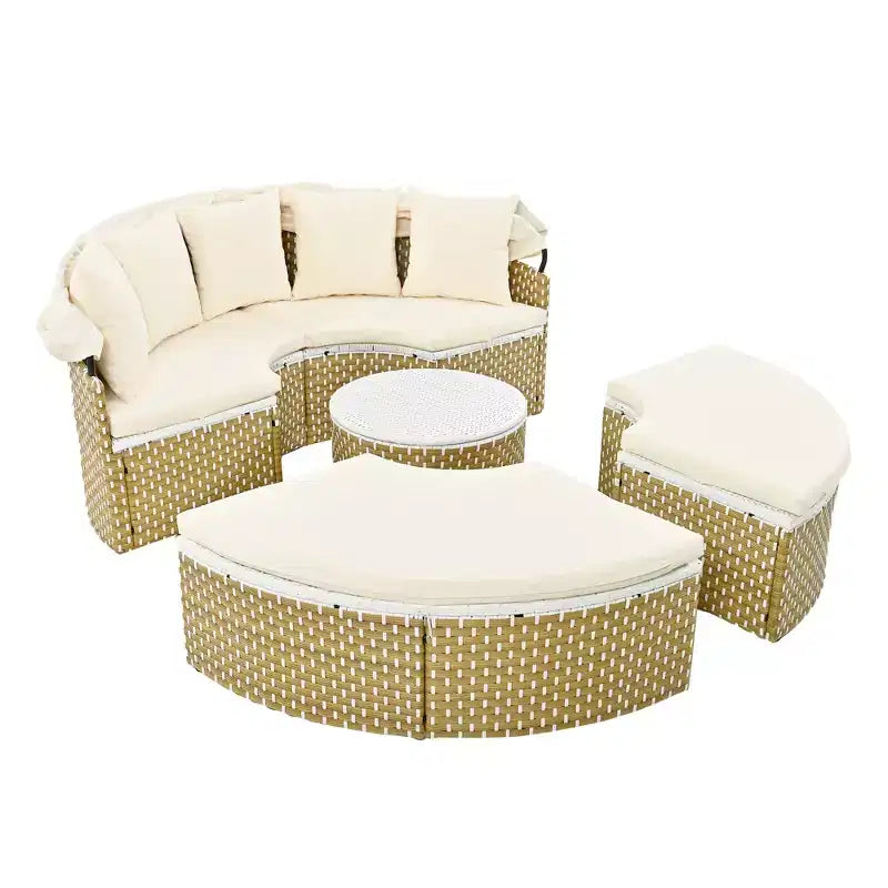 Round Outdoor Patio Sectional Sofa Set Rattan Daybed Two-Tone Weave Sunbed with Retractable Canopy, 4A -ModernLuxe