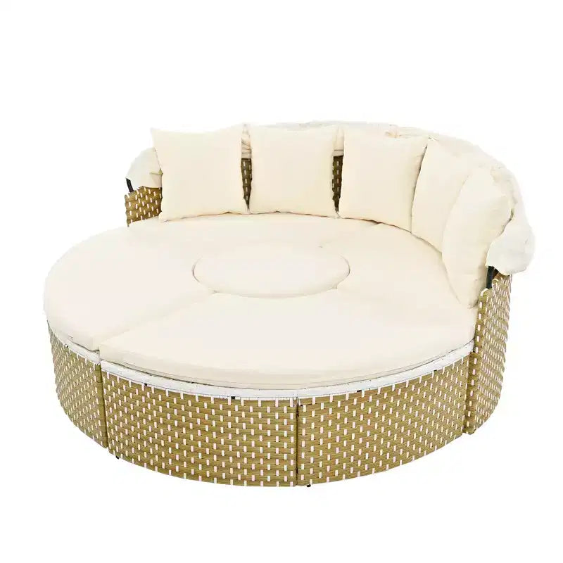 Round Outdoor Patio Sectional Sofa Set Rattan Daybed Two-Tone Weave Sunbed with Retractable Canopy, 4A -ModernLuxe