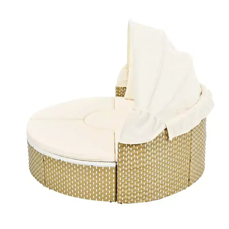 Round Outdoor Patio Sectional Sofa Set Rattan Daybed Two-Tone Weave Sunbed with Retractable Canopy, 4A -ModernLuxe