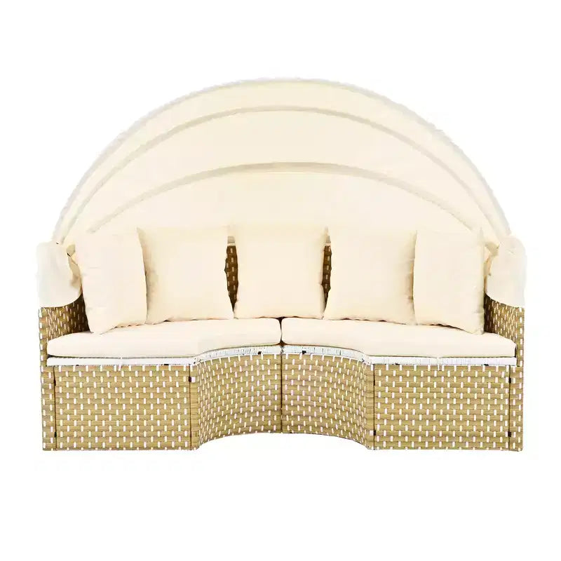 Round Outdoor Patio Sectional Sofa Set Rattan Daybed Two-Tone Weave Sunbed with Retractable Canopy, 4A -ModernLuxe