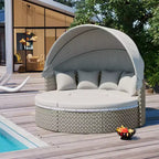 Round Outdoor Patio Sectional Sofa Set Rattan Daybed Two-Tone Weave Sunbed with Retractable Canopy, 4A -ModernLuxe