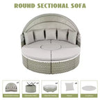 Round Outdoor Patio Sectional Sofa Set Rattan Daybed Two-Tone Weave Sunbed with Retractable Canopy, 4A -ModernLuxe