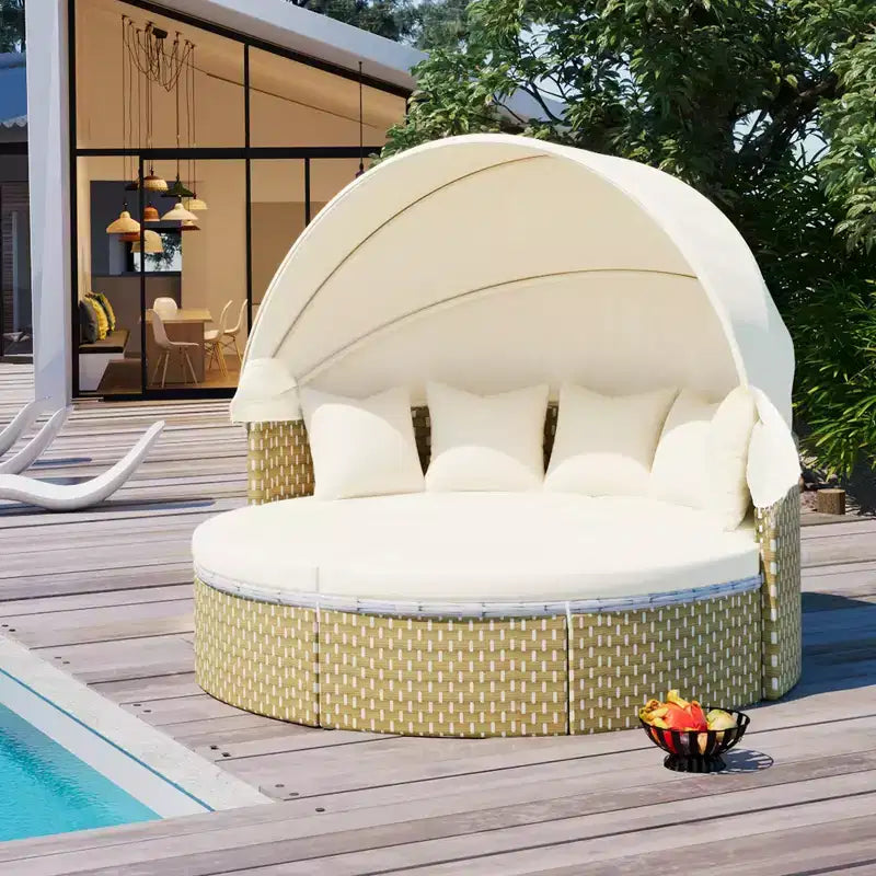 Round Outdoor Patio Sectional Sofa Set Rattan Daybed Two-Tone Weave Sunbed with Retractable Canopy, 4A -ModernLuxe