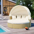 Round Outdoor Patio Sectional Sofa Set Rattan Daybed Two-Tone Weave Sunbed with Retractable Canopy, 4A -ModernLuxe