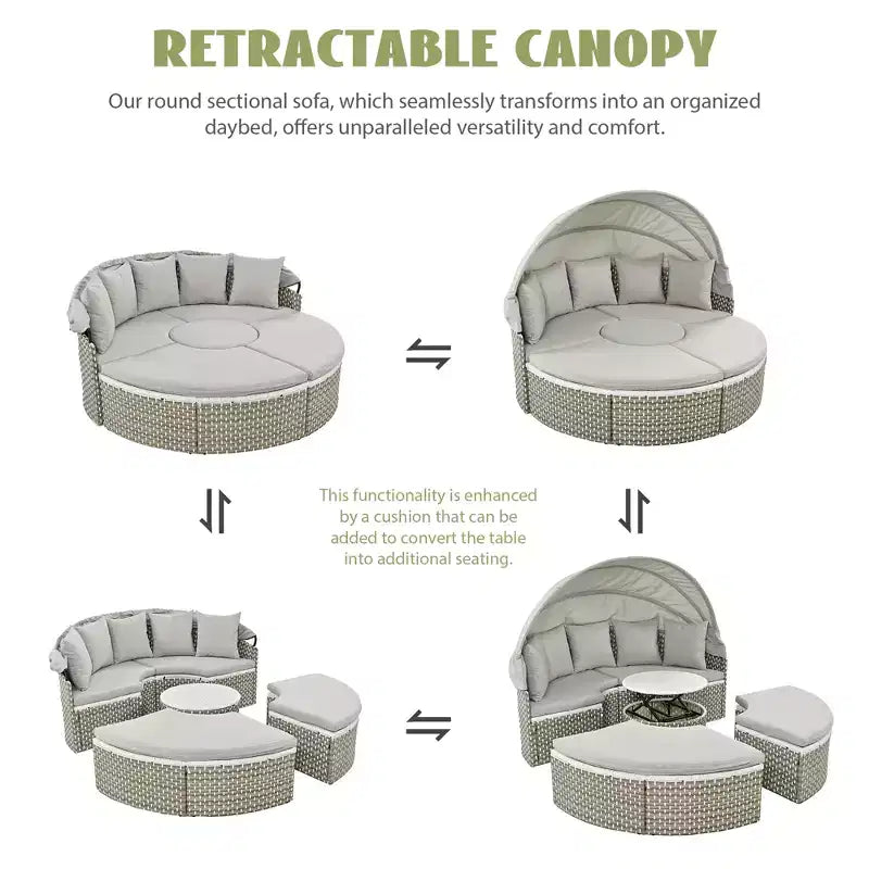Round Outdoor Patio Sectional Sofa Set Rattan Daybed Two-Tone Weave Sunbed with Retractable Canopy, 4A -ModernLuxe