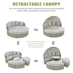 Round Outdoor Patio Sectional Sofa Set Rattan Daybed Two-Tone Weave Sunbed with Retractable Canopy, 4A -ModernLuxe