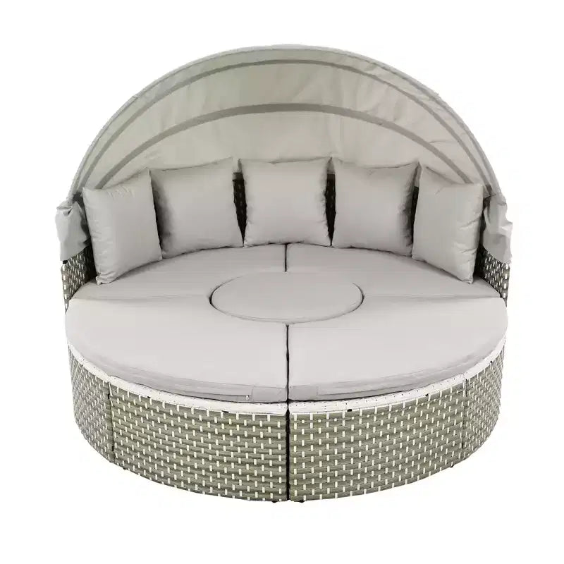 Round Outdoor Patio Sectional Sofa Set Rattan Daybed Two-Tone Weave Sunbed with Retractable Canopy, 4A -ModernLuxe