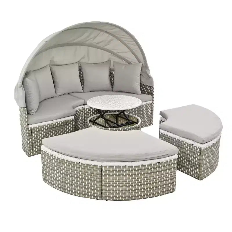 Round Outdoor Patio Sectional Sofa Set Rattan Daybed Two-Tone Weave Sunbed with Retractable Canopy, 4A -ModernLuxe