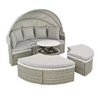 Round Outdoor Patio Sectional Sofa Set Rattan Daybed Two-Tone Weave Sunbed with Retractable Canopy, 4A -ModernLuxe