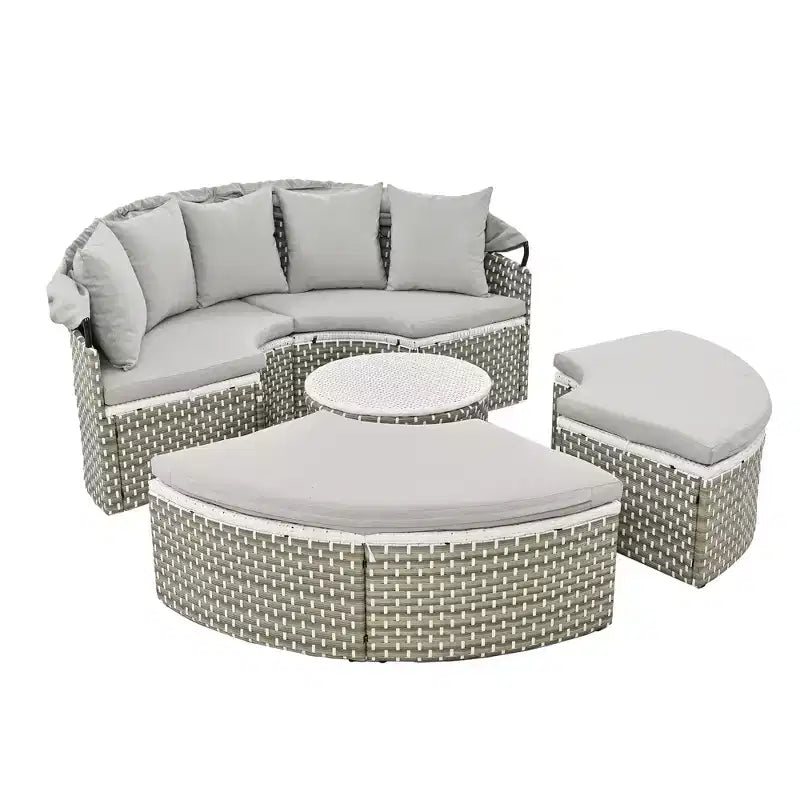Round Outdoor Patio Sectional Sofa Set Rattan Daybed Two-Tone Weave Sunbed with Retractable Canopy, 4A -ModernLuxe