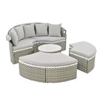 Round Outdoor Patio Sectional Sofa Set Rattan Daybed Two-Tone Weave Sunbed with Retractable Canopy, 4A -ModernLuxe