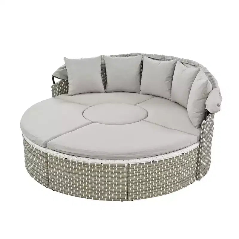 Round Outdoor Patio Sectional Sofa Set Rattan Daybed Two-Tone Weave Sunbed with Retractable Canopy, 4A -ModernLuxe
