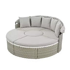 Round Outdoor Patio Sectional Sofa Set Rattan Daybed Two-Tone Weave Sunbed with Retractable Canopy, 4A -ModernLuxe