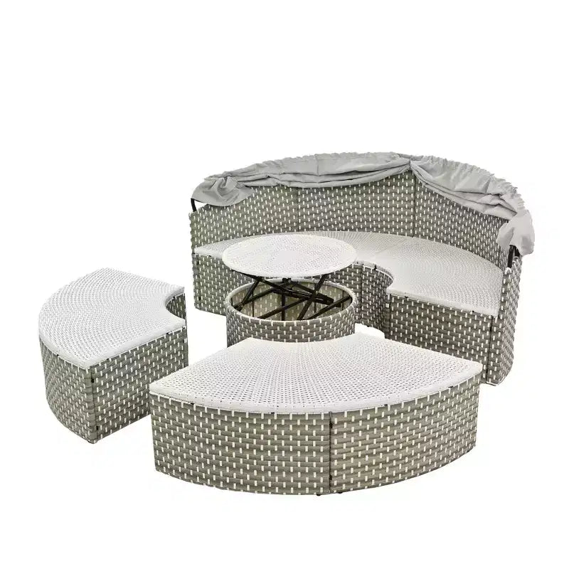 Round Outdoor Patio Sectional Sofa Set Rattan Daybed Two-Tone Weave Sunbed with Retractable Canopy, 4A -ModernLuxe