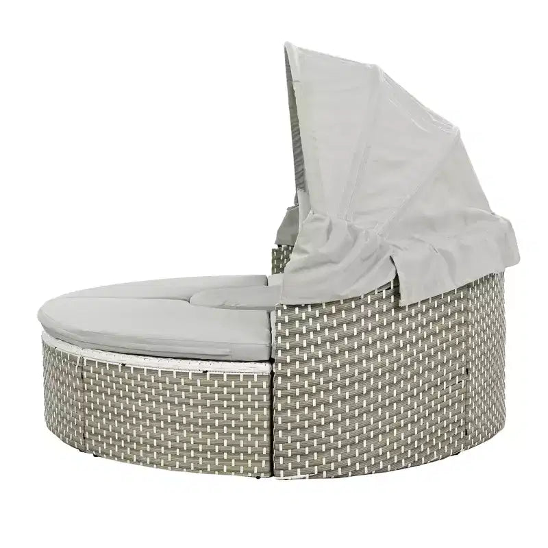 Round Outdoor Patio Sectional Sofa Set Rattan Daybed Two-Tone Weave Sunbed with Retractable Canopy, 4A -ModernLuxe