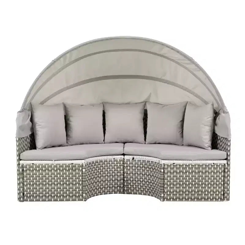 Round Outdoor Patio Sectional Sofa Set Rattan Daybed Two-Tone Weave Sunbed with Retractable Canopy, 4A -ModernLuxe