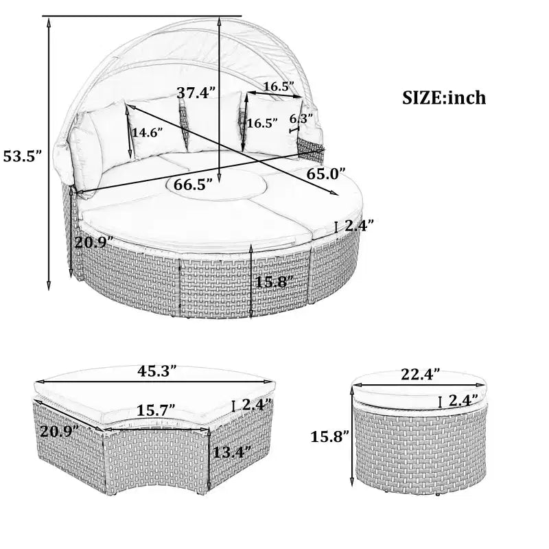 Round Outdoor Patio Sectional Sofa Set Rattan Daybed Two-Tone Weave Sunbed with Retractable Canopy, 4A -ModernLuxe