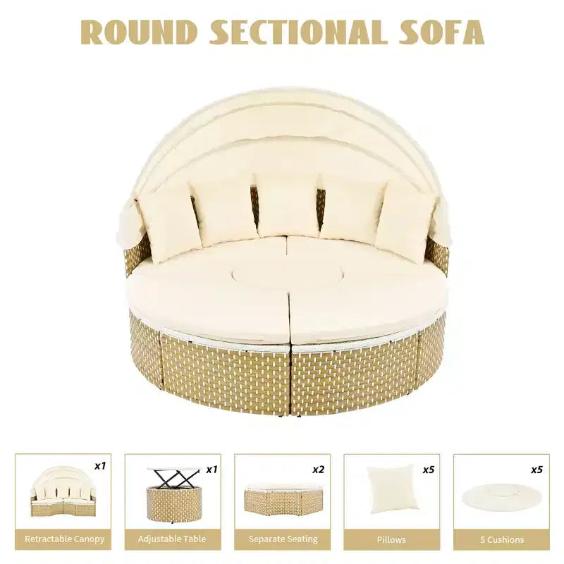 Round Outdoor Patio Sectional Sofa Set Rattan Daybed Two-Tone Weave Sunbed with Retractable Canopy, 4A -ModernLuxe