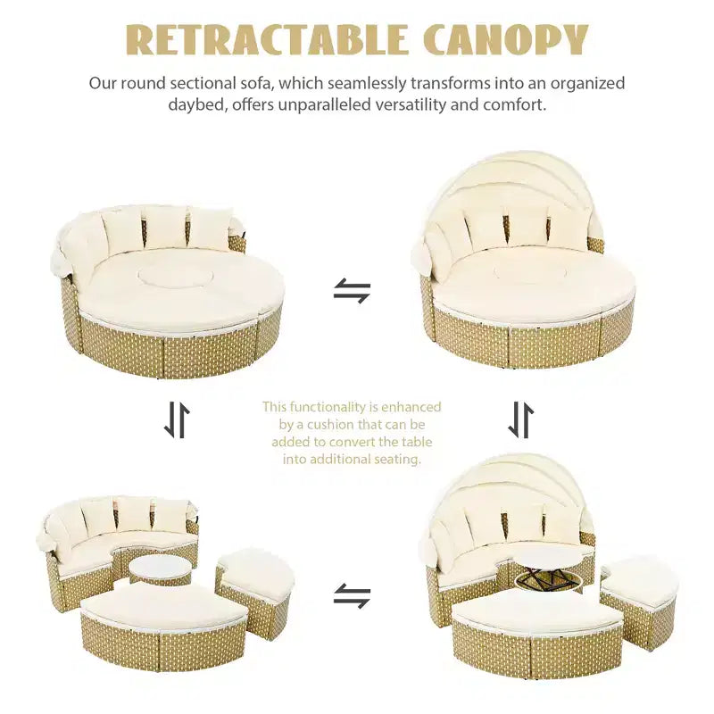 Round Outdoor Patio Sectional Sofa Set Rattan Daybed Two-Tone Weave Sunbed with Retractable Canopy, 4A -ModernLuxe