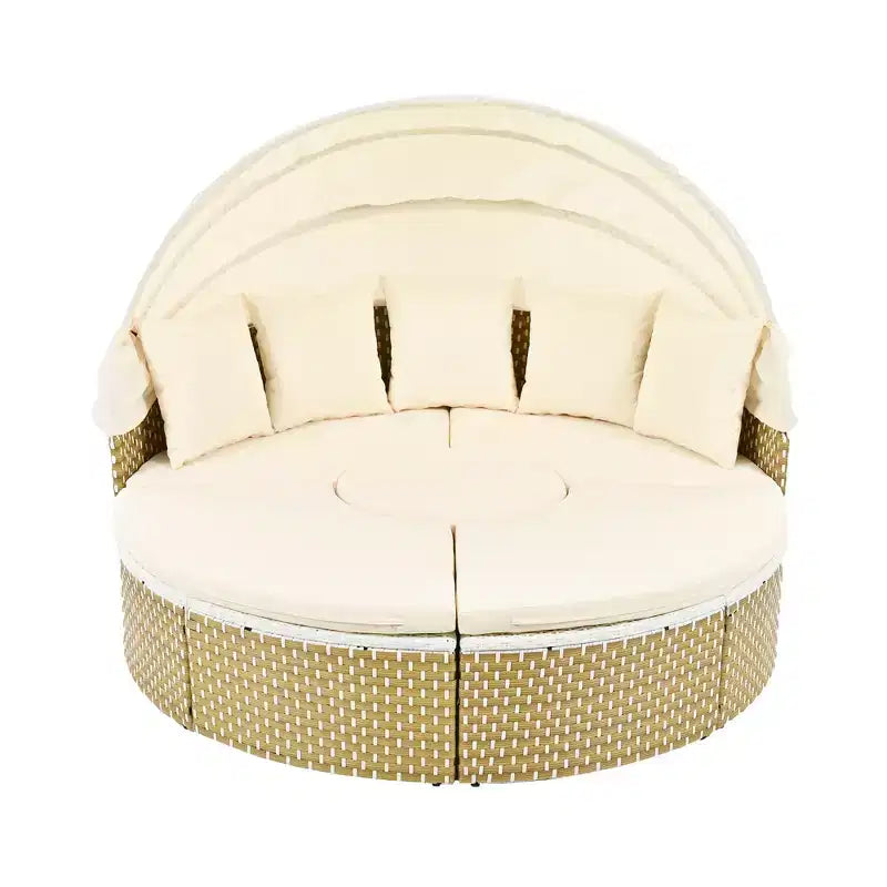 Round Outdoor Patio Sectional Sofa Set Rattan Daybed Two-Tone Weave Sunbed with Retractable Canopy, 4A -ModernLuxe