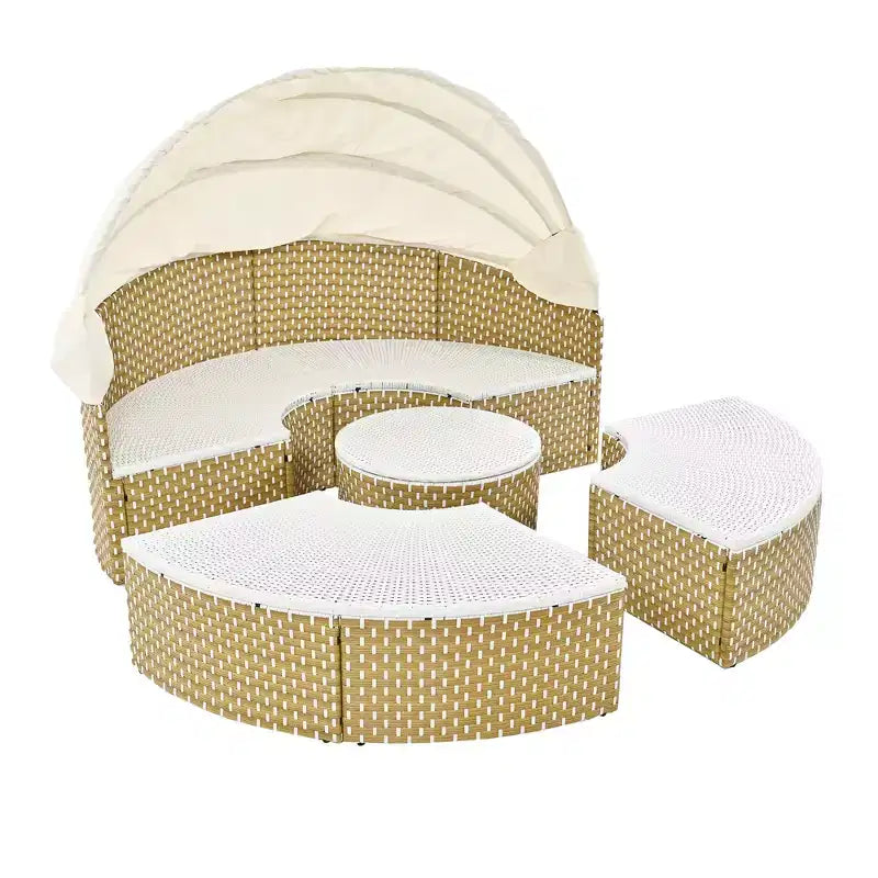 Round Outdoor Patio Sectional Sofa Set Rattan Daybed Two-Tone Weave Sunbed with Retractable Canopy, 4A -ModernLuxe