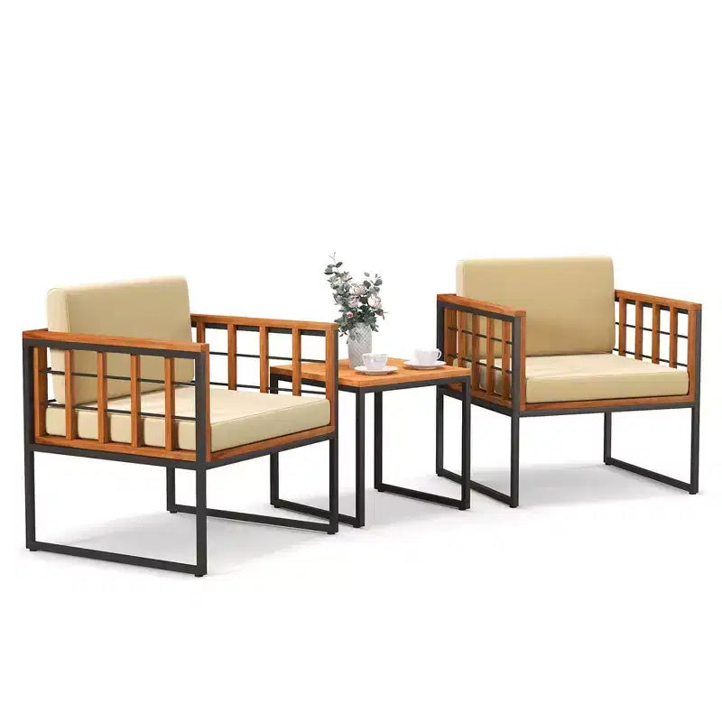 Costway 3 PCS Patio Chair Set Acacia Wood Sofa Set with Metal Support Soft Seat Cushions