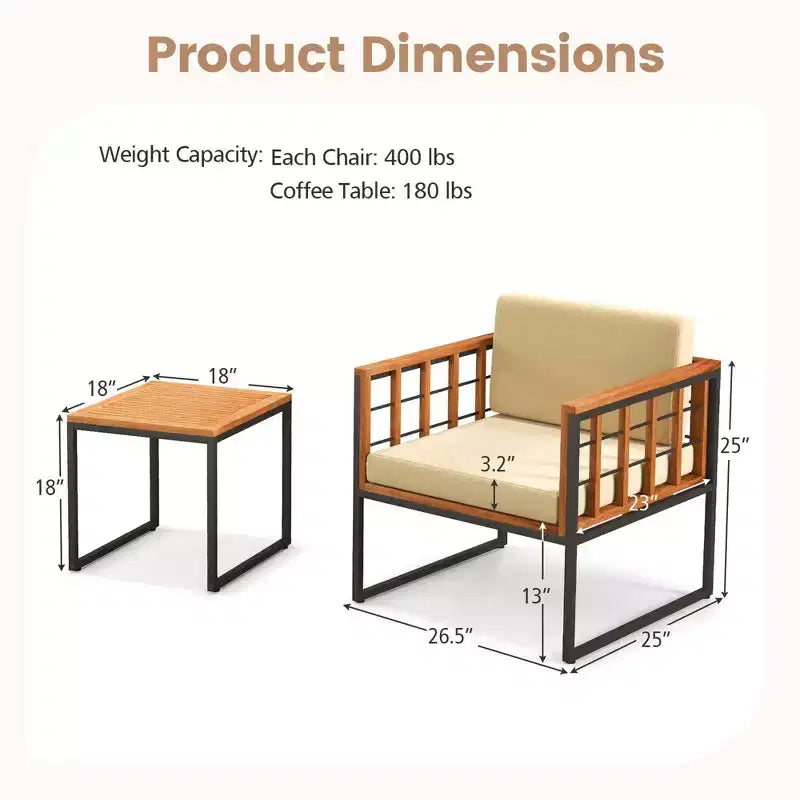 Costway 3 PCS Patio Chair Set Acacia Wood Sofa Set with Metal Support Soft Seat Cushions