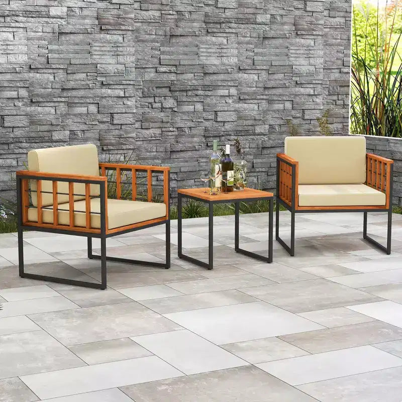 Costway 3 PCS Patio Chair Set Acacia Wood Sofa Set with Metal Support Soft Seat Cushions