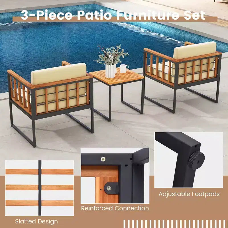 Costway 3 PCS Patio Chair Set Acacia Wood Sofa Set with Metal Support Soft Seat Cushions