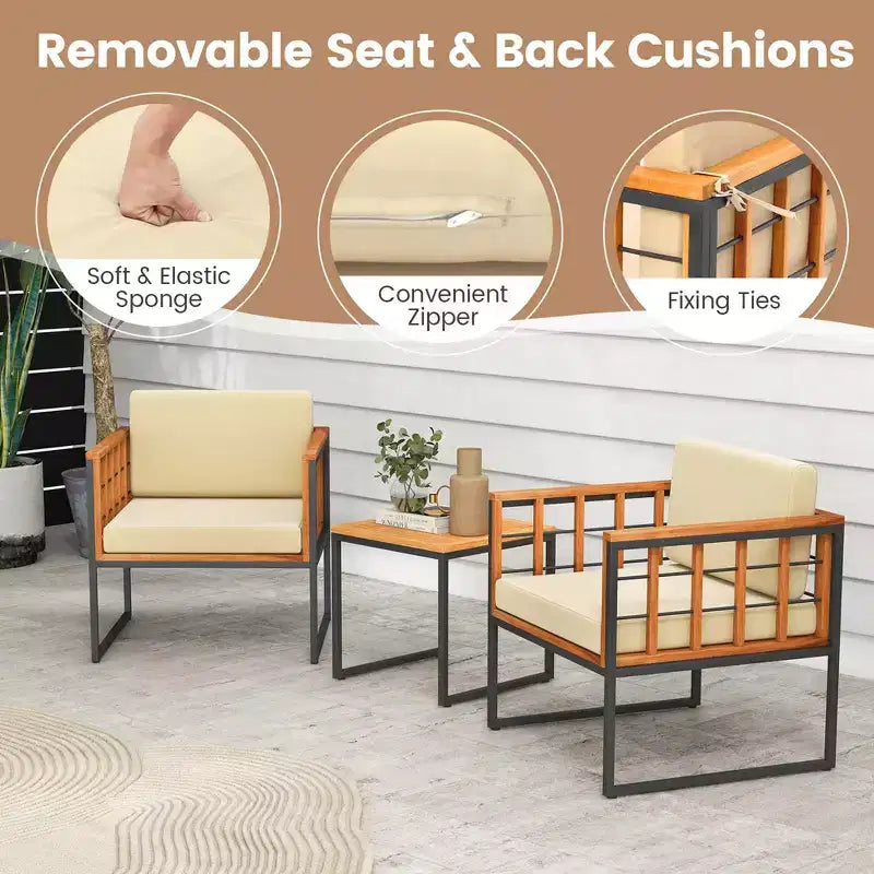 Costway 3 PCS Patio Chair Set Acacia Wood Sofa Set with Metal Support Soft Seat Cushions