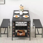 Whizmax Dining Table Set for 4, Kitchen Table Set for 4 with 2 Benches, Rectangular Dining Room Table Set with Wine Rack for Small Space Apartment