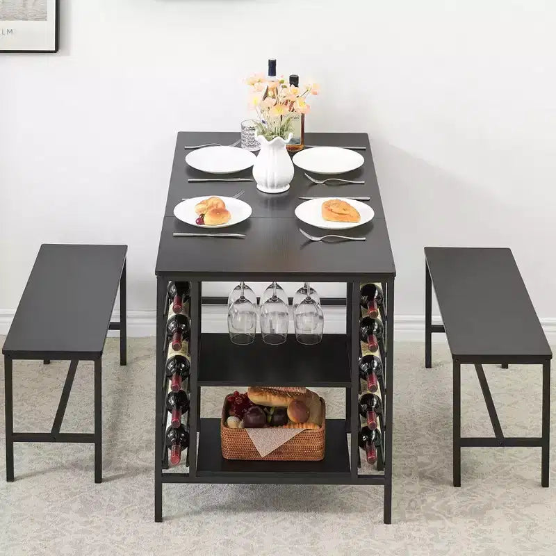 Whizmax Dining Table Set for 4, Kitchen Table Set for 4 with 2 Benches, Rectangular Dining Room Table Set with Wine Rack for Small Space Apartment