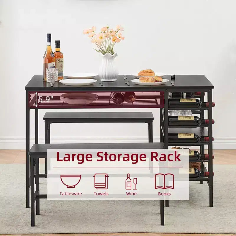 Whizmax Dining Table Set for 4, Kitchen Table Set for 4 with 2 Benches, Rectangular Dining Room Table Set with Wine Rack for Small Space Apartment