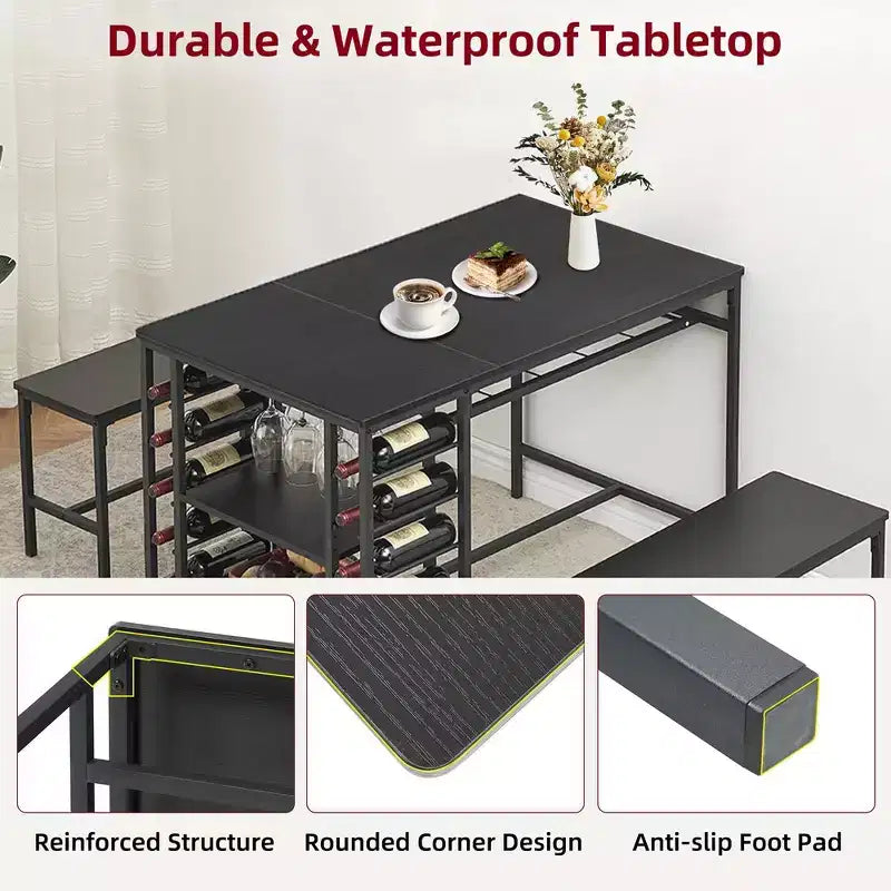 Whizmax Dining Table Set for 4, Kitchen Table Set for 4 with 2 Benches, Rectangular Dining Room Table Set with Wine Rack for Small Space Apartment