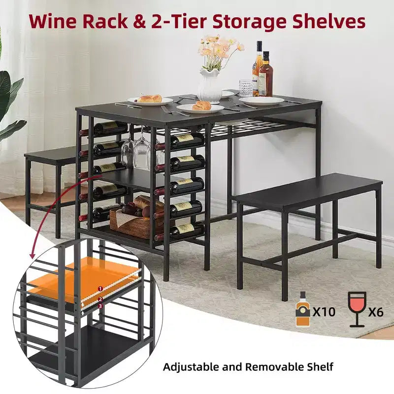 Whizmax Dining Table Set for 4, Kitchen Table Set for 4 with 2 Benches, Rectangular Dining Room Table Set with Wine Rack for Small Space Apartment