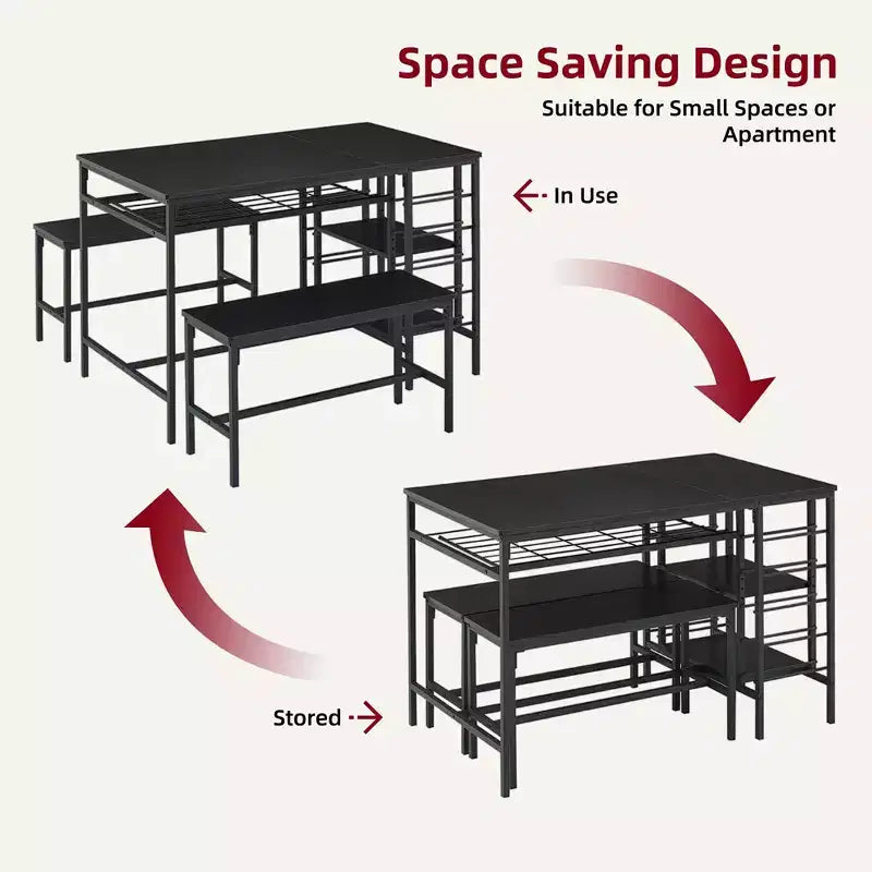 Whizmax Dining Table Set for 4, Kitchen Table Set for 4 with 2 Benches, Rectangular Dining Room Table Set with Wine Rack for Small Space Apartment