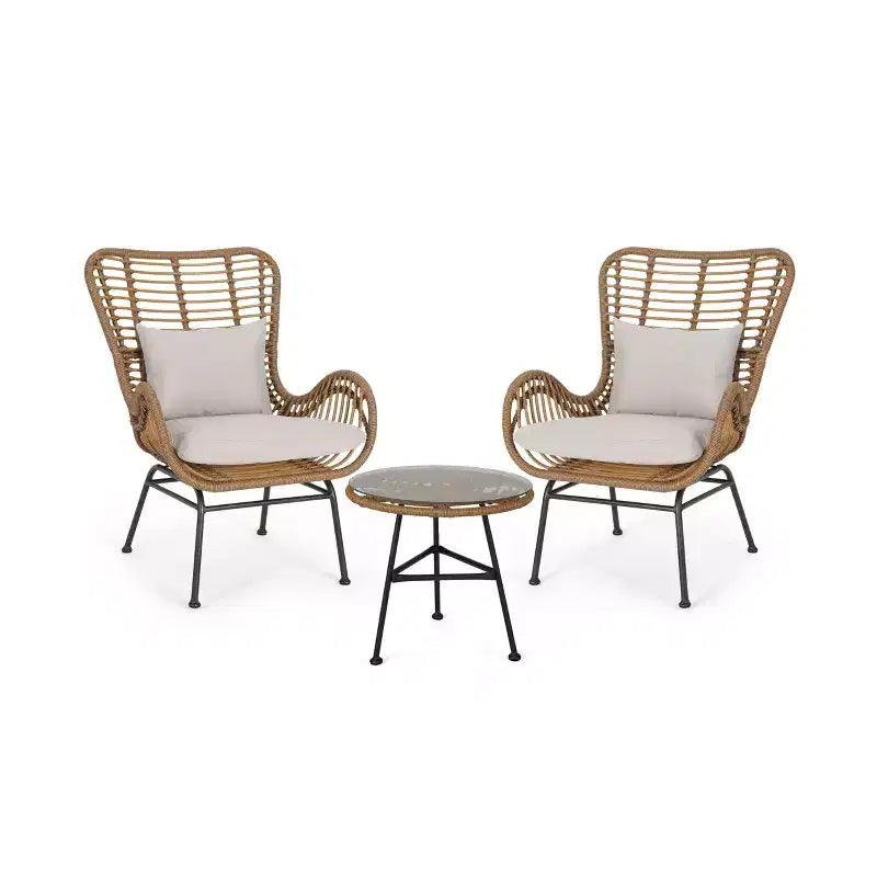 GDFStudio Izidro Outdoor Wicker and Glass 3 Piece Chat Set with Cushions, Light Brown/Beige