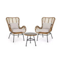 GDFStudio Izidro Outdoor Wicker and Glass 3 Piece Chat Set with Cushions, Light Brown/Beige