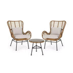GDFStudio Izidro Outdoor Wicker and Glass 3 Piece Chat Set with Cushions, Light Brown/Beige