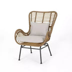 GDFStudio Izidro Outdoor Wicker and Glass 3 Piece Chat Set with Cushions, Light Brown/Beige