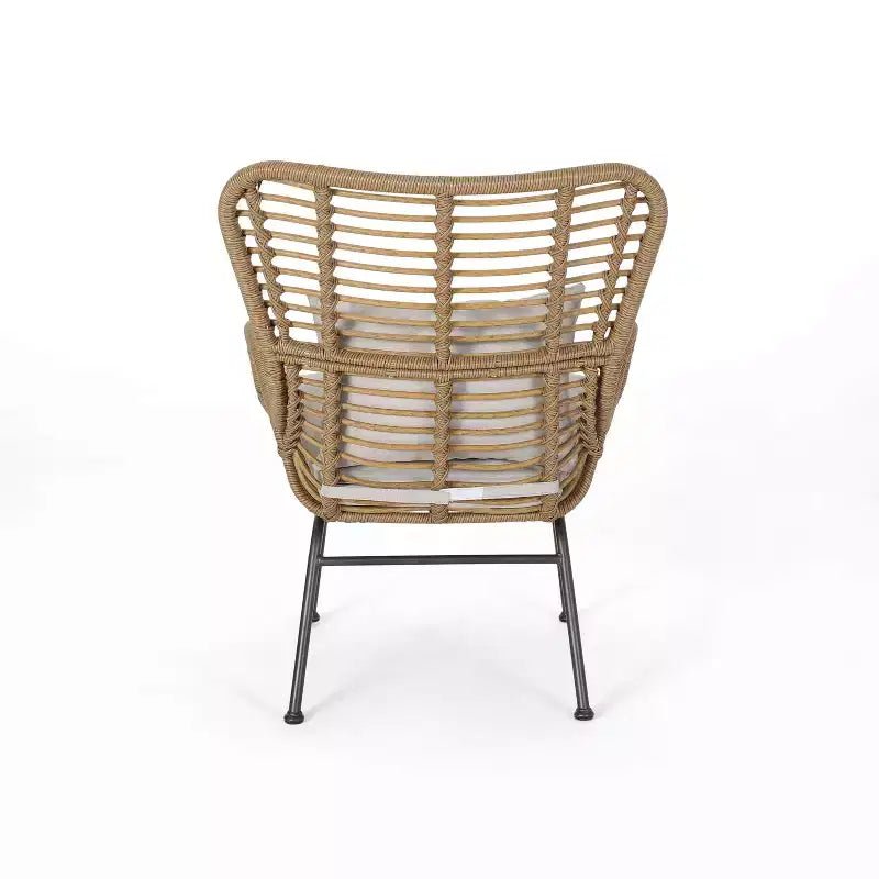 GDFStudio Izidro Outdoor Wicker and Glass 3 Piece Chat Set with Cushions, Light Brown/Beige
