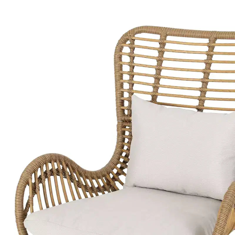 GDFStudio Izidro Outdoor Wicker and Glass 3 Piece Chat Set with Cushions, Light Brown/Beige