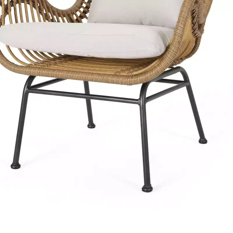 GDFStudio Izidro Outdoor Wicker and Glass 3 Piece Chat Set with Cushions, Light Brown/Beige