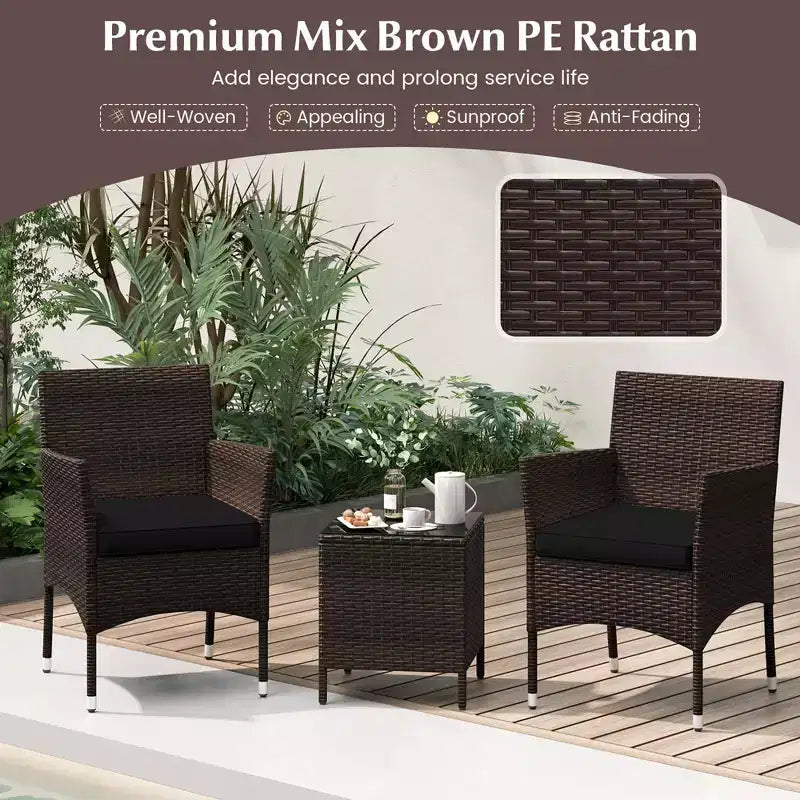 Costway 3 PCS Outdoor Conversation Set with Cushioned Seat & Tempered Glass Tabletop Beige/Black/Gray/Red/Navy