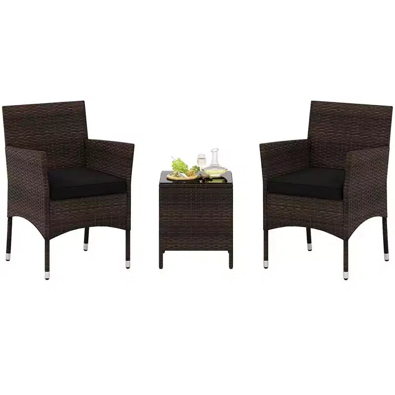 Costway 3 PCS Outdoor Conversation Set with Cushioned Seat & Tempered Glass Tabletop Beige/Black/Gray/Red/Navy