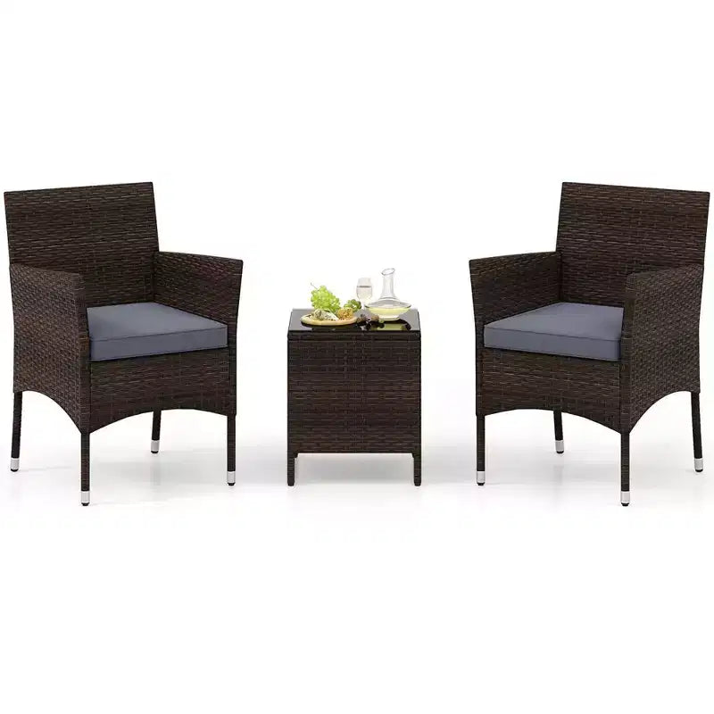 Costway 3 PCS Outdoor Conversation Set with Cushioned Seat & Tempered Glass Tabletop Beige/Black/Gray/Red/Navy