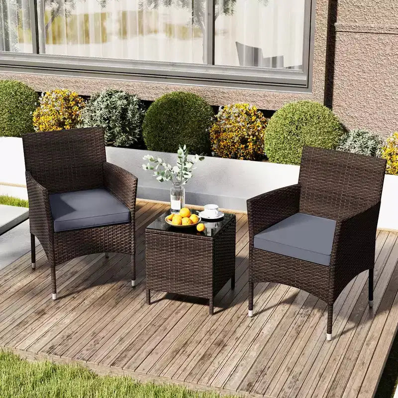 Costway 3 PCS Outdoor Conversation Set with Cushioned Seat & Tempered Glass Tabletop Beige/Black/Gray/Red/Navy