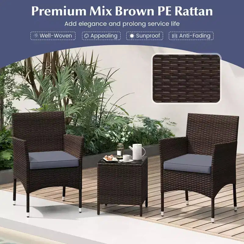 Costway 3 PCS Outdoor Conversation Set with Cushioned Seat & Tempered Glass Tabletop Beige/Black/Gray/Red/Navy